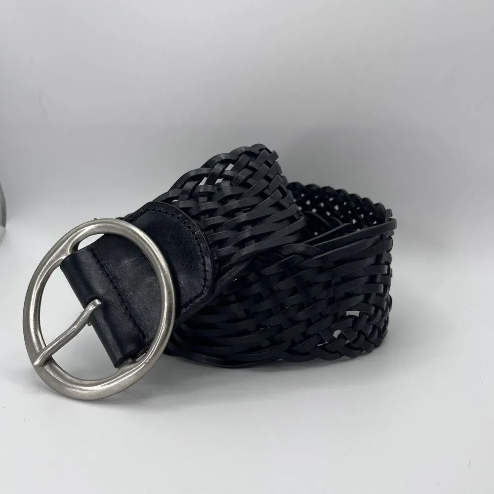 FOSSIL Y2K 90’s Black Braided Leather Belt Women's Grunge Silver Buckle vintage